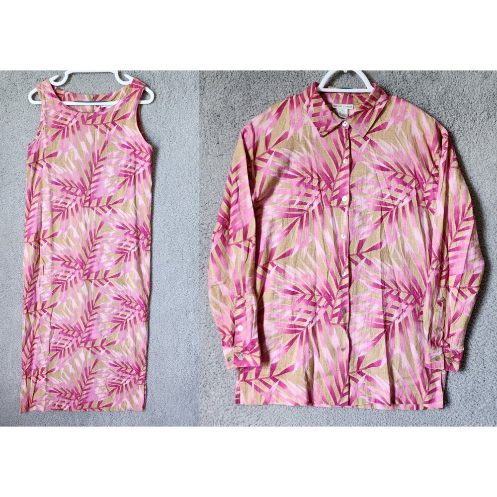 Caroline Kendrick Set Maxi Dress/Button‎ Up Top Linen Blend Pink Tropical 14/M